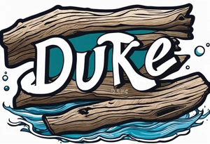 piece of driftwood underwater with the word duke written in the wood tattoo idea