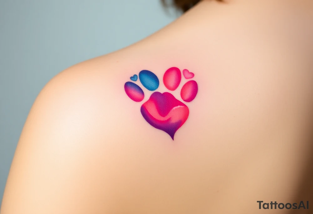 paw in the shape of a heart blending vibrant hues of pink, blue, and purple, creating tattoo idea
