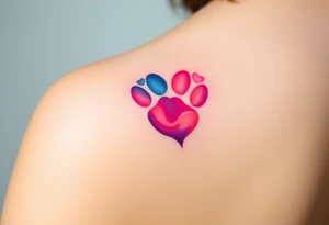 paw in the shape of a heart blending vibrant hues of pink, blue, and purple, creating tattoo idea