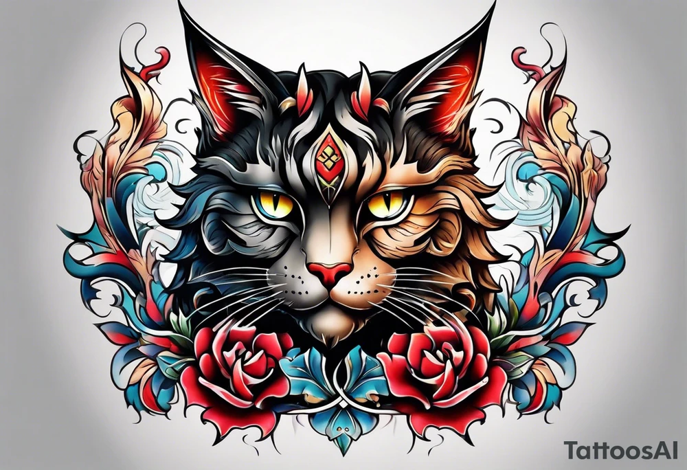 Calf tattoo of a devil cat tattoo idea