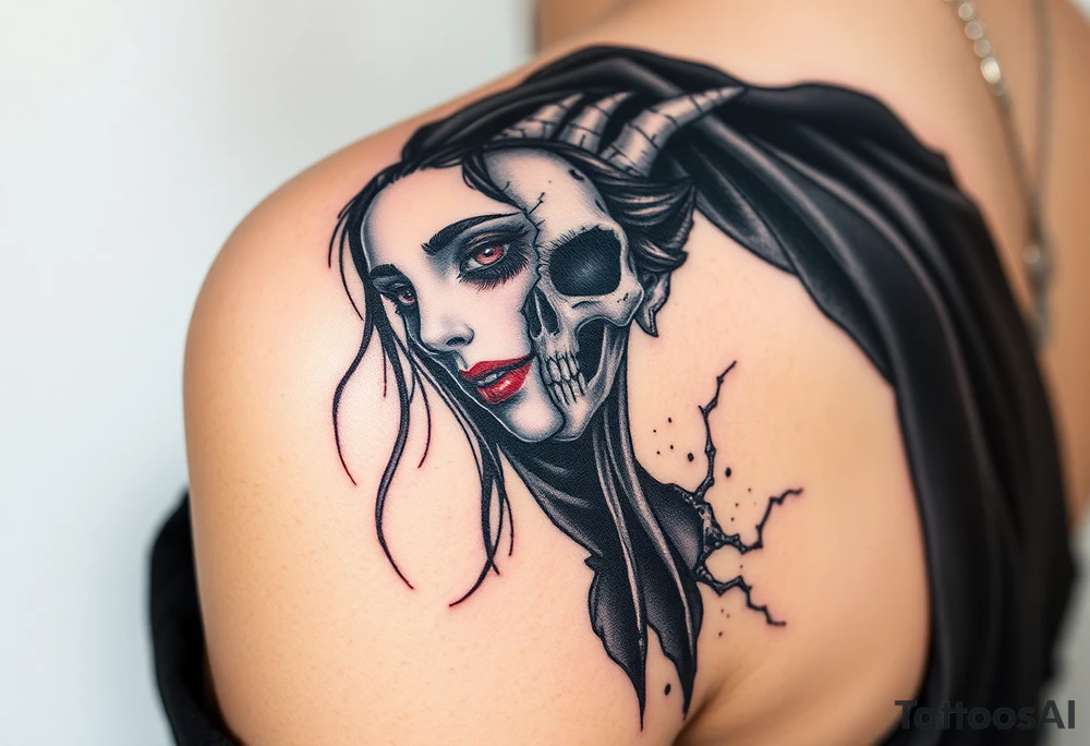 A chilling Hel, the half-dead Norse goddess of the underworld, her face split between lifelike beauty and skeletal darkness, draped in a tattered black cloak tattoo idea