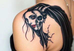 A chilling Hel, the half-dead Norse goddess of the underworld, her face split between lifelike beauty and skeletal darkness, draped in a tattered black cloak tattoo idea