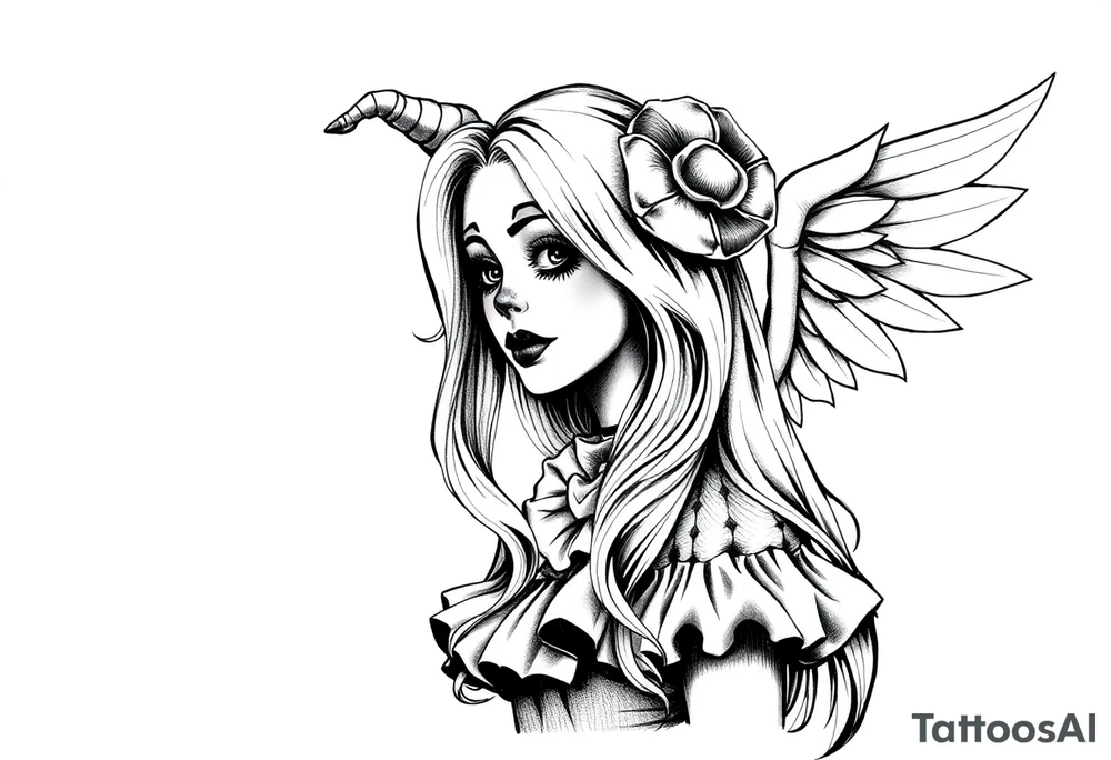 Payasa Clown Girl long hair Angel Wings tattoo idea