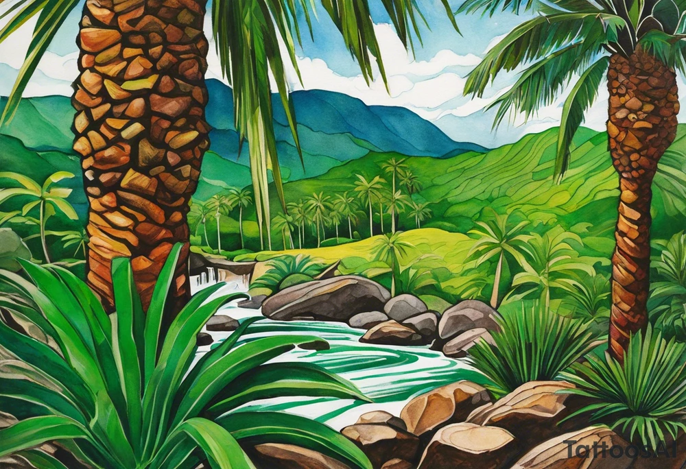 Tattoo: A striking Gachala emerald sits at the base of a tall quindio wax palm, which grows resiliently from cracks in rugged, rocky soil. The emerald is the main focal point, symbolizing strength and endurance, while the wax palm, rooted in the soil’s crevices, represents growth and resilience. A small water stream flows gently from the rocks, adding an element of life and nourishment tattoo idea