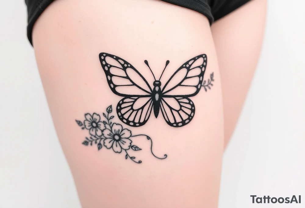 beautiful butterfly with flowers and lines around it also having the names Raiden, Shanleigh, and Waylon in it and the artwork being line work tattoo idea