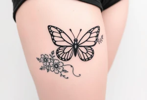 beautiful butterfly with flowers and lines around it also having the names Raiden, Shanleigh, and Waylon in it and the artwork being line work tattoo idea