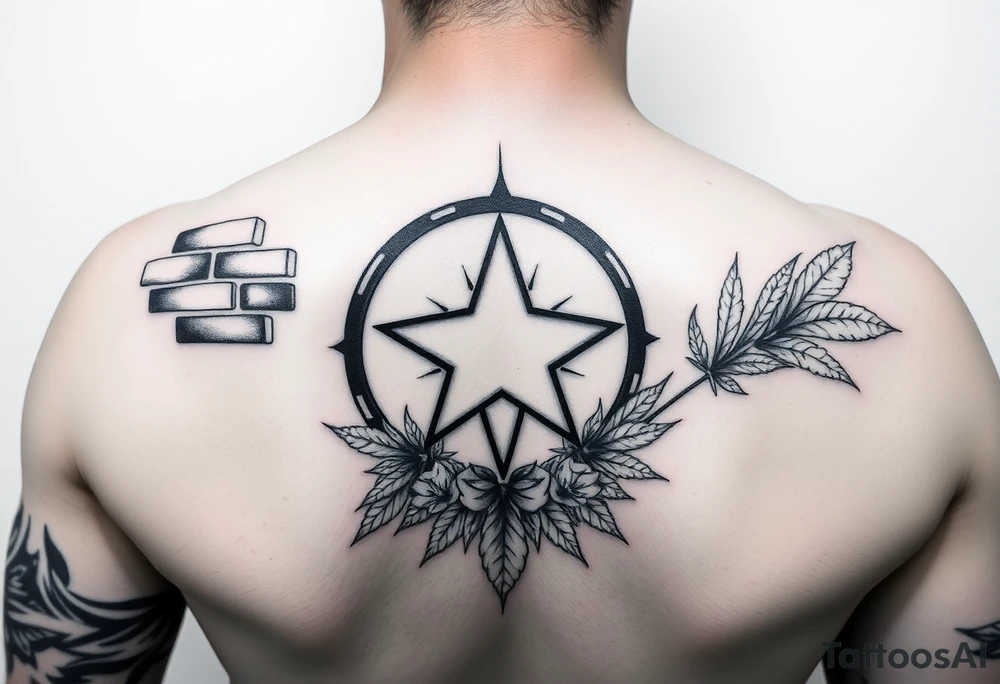 Full female baddie sleeve, starting from the top of my arm going down.. bricks, Star inside a circle with a ♏️  underneath it , Coast Girl 228, fill in the rest to my elbow, then I want a baddie sexy joker,  some weed leafs, and fill in the rest with baddie stuff tattoo idea