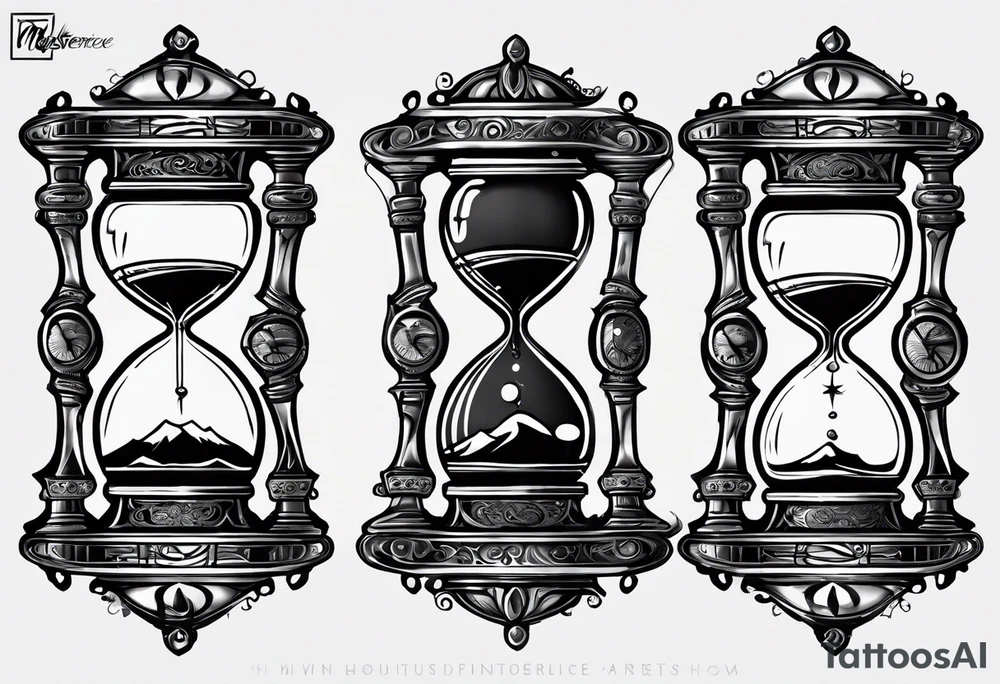 I want a tattoo-inspired design for a t-shirt that features a bold and detailed hourglass with galaxy tattoo idea