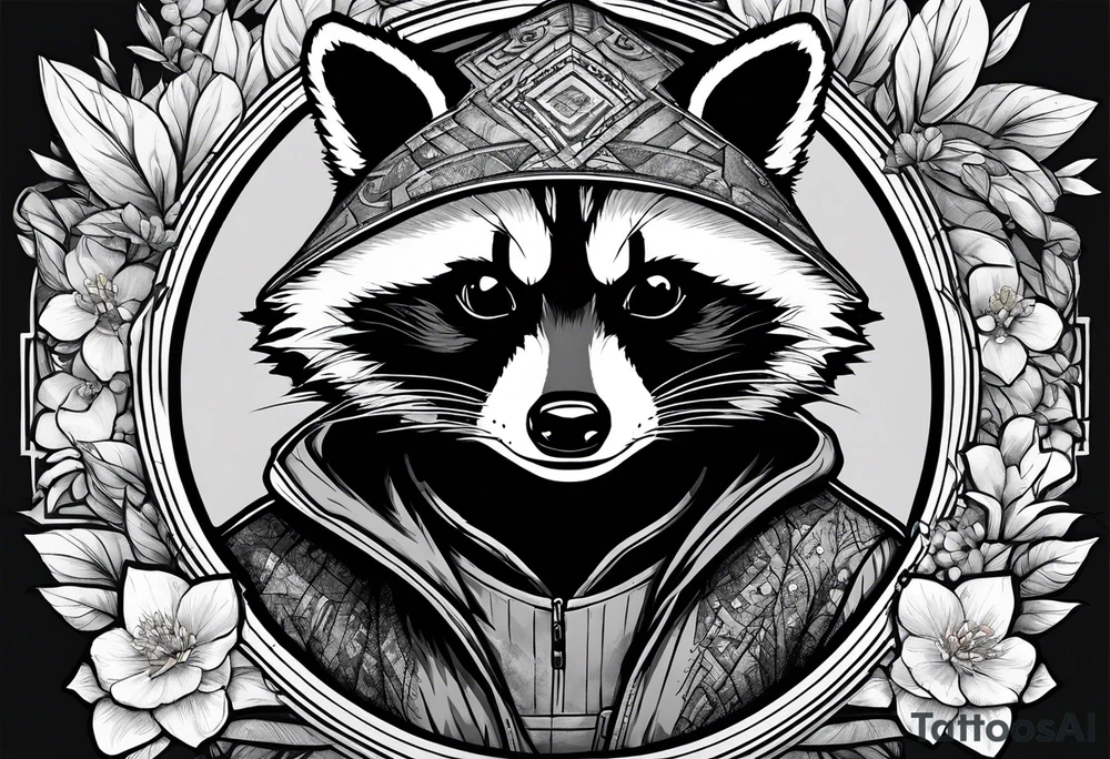 raccoon wearing a Superman hoodie with orange blossoms tattoo idea