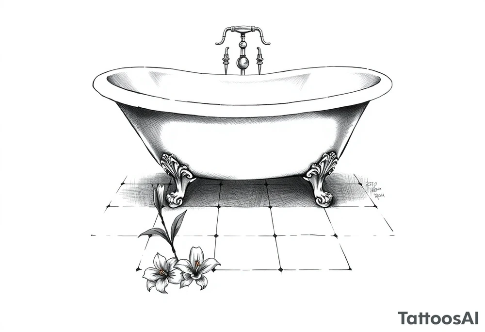 Clawfoot bathtub with lily coming up from tile floor tattoo idea