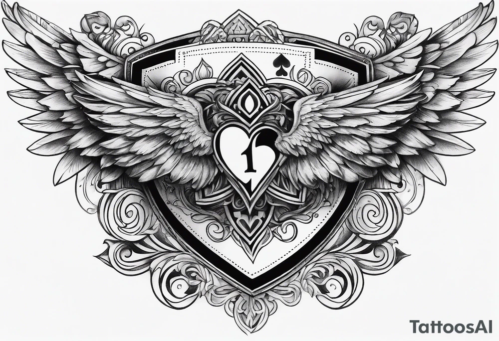 full chest tattoo with wings on shoulders with poker cards in the middle with shading tattoo idea