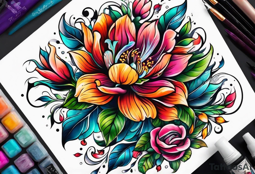 Colorful flower sleeve tattoo idea