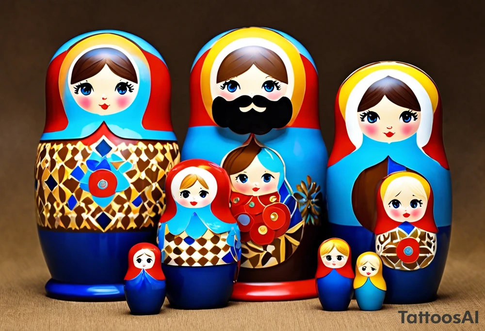 Matryoshka doll family. Each doll is different. Father (biggest doll) has full beard, blue eyes, short brown hair, loves LA Dodgers. Mother (second biggest doll) has blonde bob, blue eyes, thick rimmed black glasses, loves leopard print. Son is 4 years old, blue eyes, blonde spiky hair, loves Paw Patrol. Daughter is 2 years old, blue eyes, long eyelashes, short light brown bob, loves Bluey. tattoo idea