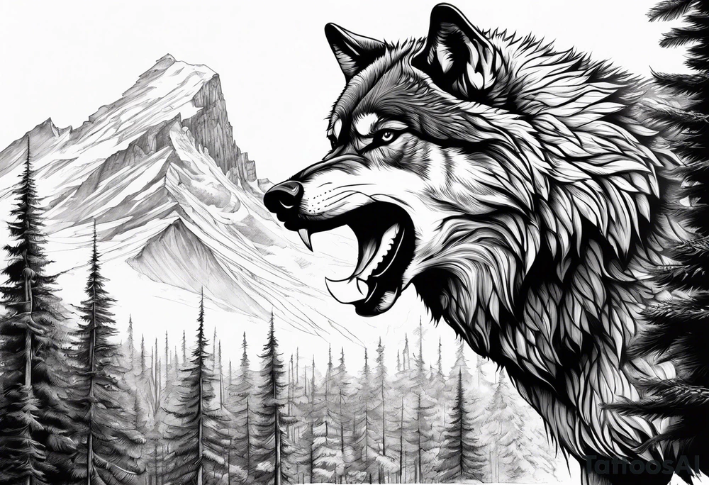 Detailed powerful angry AlphaWolf in Front of a scary forest tattoo idea