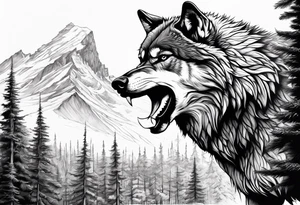 Detailed powerful angry AlphaWolf in Front of a scary forest tattoo idea