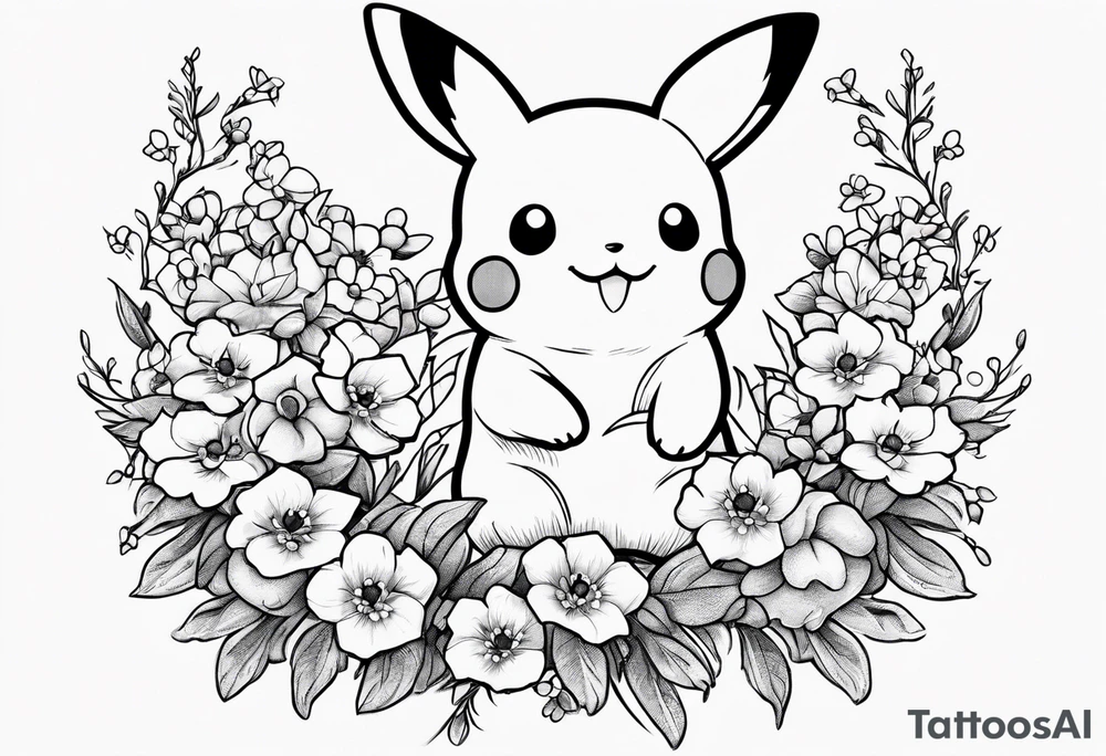 A loose bouquet of forget me knots and cute pikachu at the bottom holding the bouquet tattoo idea