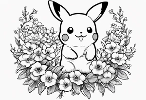 A loose bouquet of forget me knots and cute pikachu at the bottom holding the bouquet tattoo idea