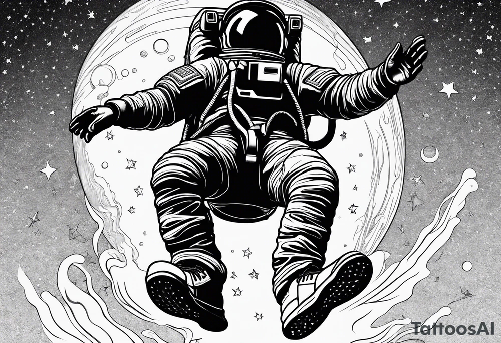 An astronaut floating upside down with 1990's air jordan shoes on his feet tattoo idea