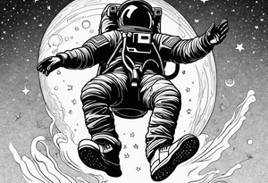 An astronaut floating upside down with 1990's air jordan shoes on his feet tattoo idea