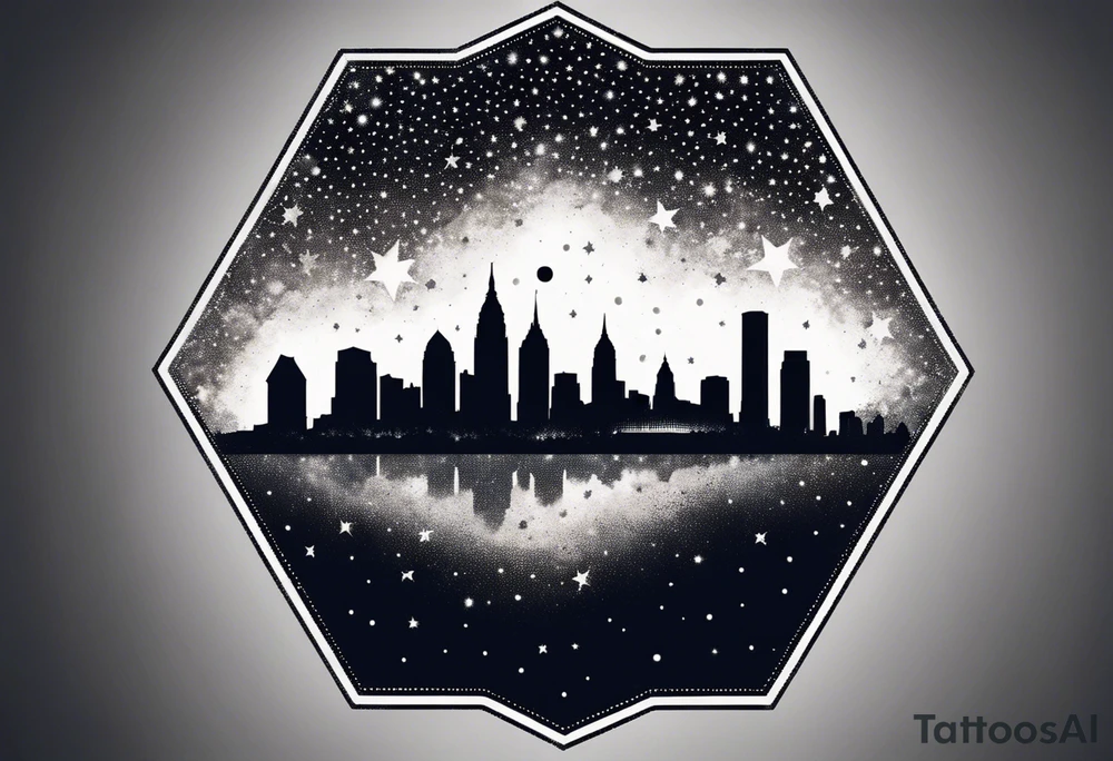 Starry sky with silhouette of Philadelphia skyline. Tattoo is embedded in a hexagonal frame tattoo idea