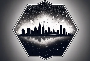 Starry sky with silhouette of Philadelphia skyline. Tattoo is embedded in a hexagonal frame tattoo idea