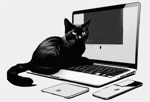 A black cat sitting in Front of a MacBook and Programming. tattoo idea