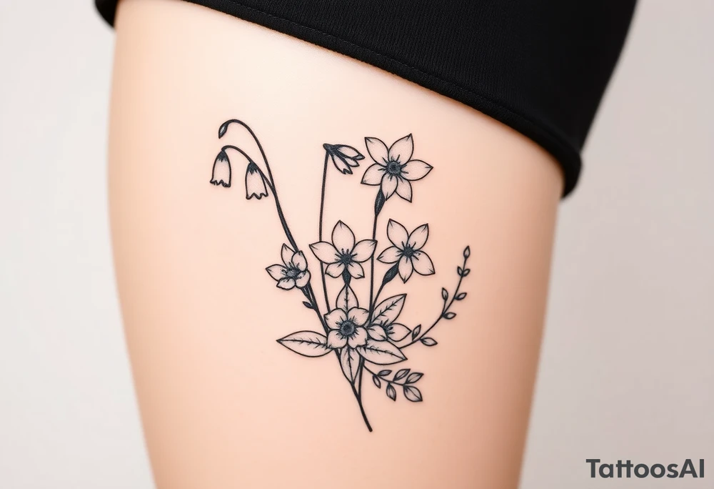 Simple small design in black bunch of flowers 1 lily of the valley 1 daffodil 1 holly 1 larkspur tattoo idea