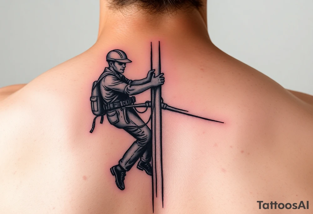 realistic tattoo of a power lineman climbing a pole tattoo idea