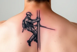 realistic tattoo of a power lineman climbing a pole tattoo idea