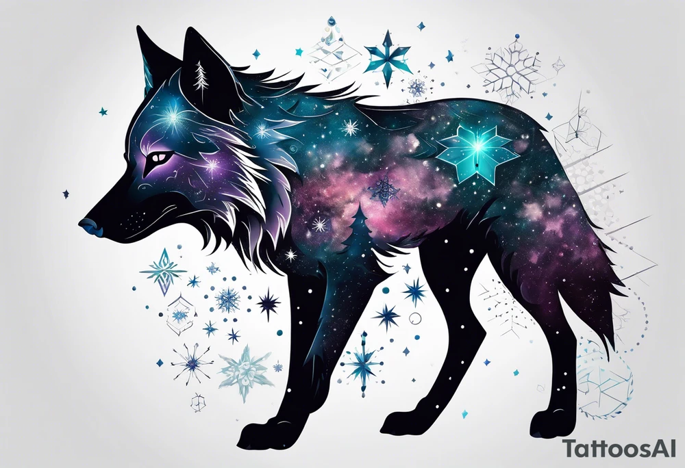 Constellation, animal alien wolf, snowflake tattoo idea