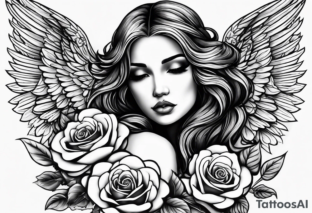 Angel, roses, name MARTINA tattoo idea