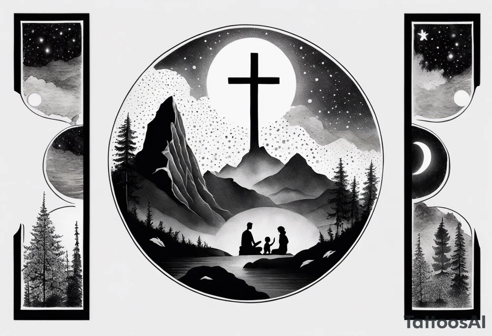 a family of three sitting in a nature with mountains, waterfall, water, and a cross in the background and and moon in the sky with stars tattoo idea