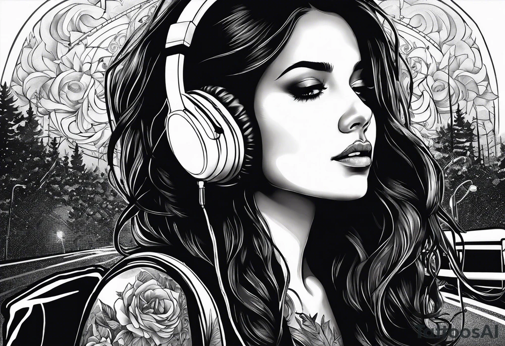 a girl listening to music with over the ear headphones along a dark road at night showing her shadow tattoo idea