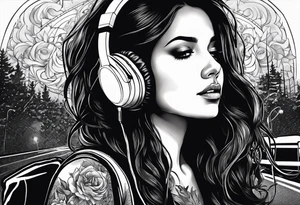 a girl listening to music with over the ear headphones along a dark road at night showing her shadow tattoo idea
