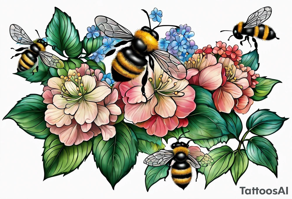 Small tattoo. There’s a hydrangea and a bee but they are not touching. Make the bee smaller than the hydrangea and have the bee off to the side. tattoo idea