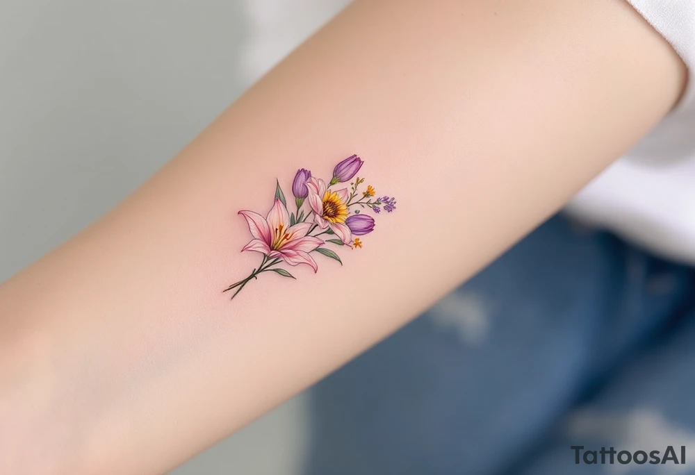 Small Stargazer lillies pale pink with no outline 
with small yellow sunflowers and pale purple tulip buds in a dainty wildflower bouquet with light green stems. Low detail. tattoo idea