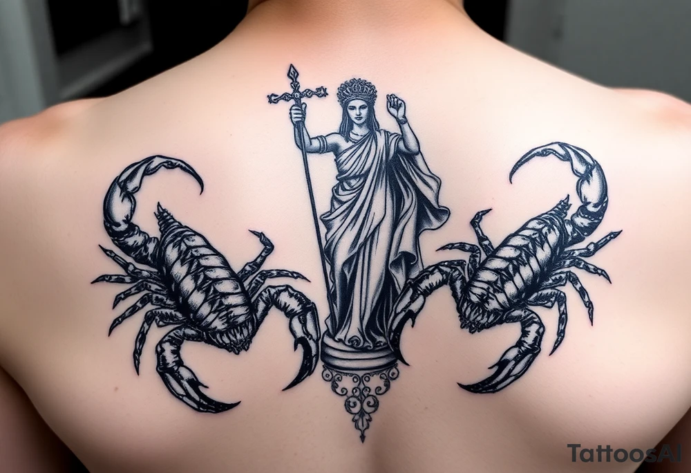 powerful majestic scorpions next to the figure of Lady Justice tattoo idea