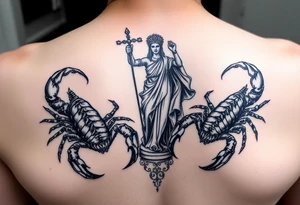 powerful majestic scorpions next to the figure of Lady Justice tattoo idea