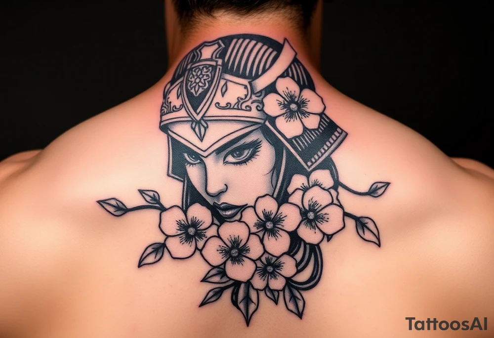 Samurai women warrior face
 with a with cherry blossom with wind lotuses tattoo idea