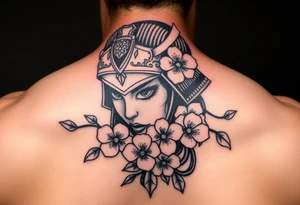 Samurai women warrior face
 with a with cherry blossom with wind lotuses tattoo idea