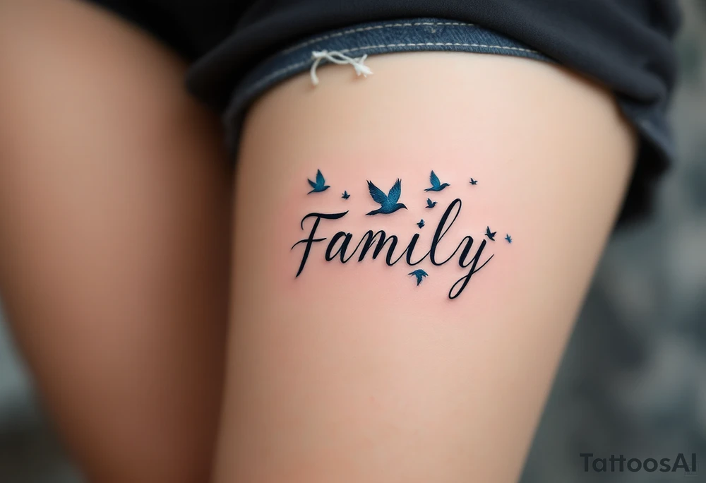 Family as a single word turning into a flock of birds in blue, black, and gray gradients. tattoo idea