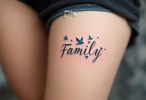 Family as a single word turning into a flock of birds in blue, black, and gray gradients. tattoo idea