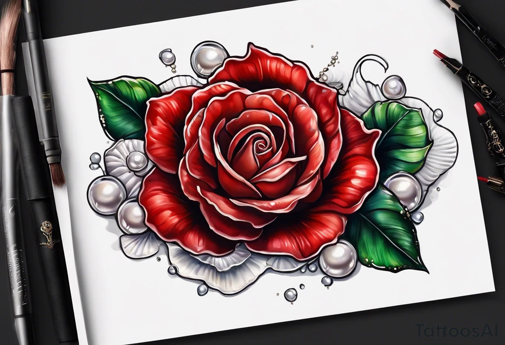 Red rose with seashell and pearls tattoo idea