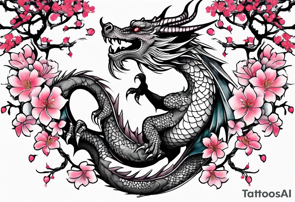 Dragon intertwined in cherry blossom, large feminine shoulder tattoo tattoo idea