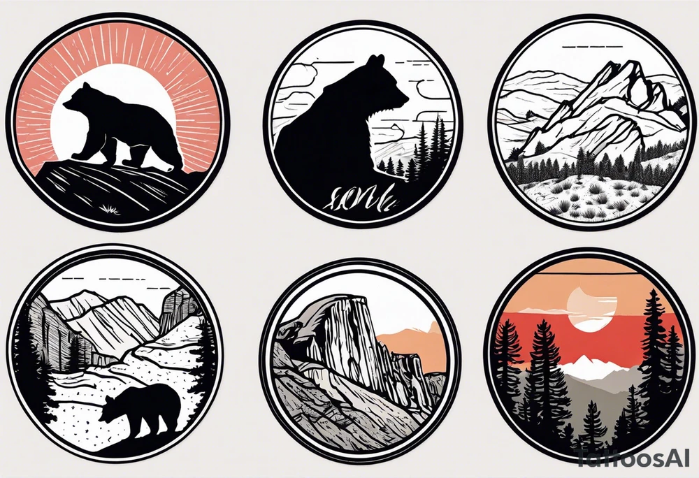 in one image, use halfmoon from  Yosemite National Park, red rocks from Bryce Canyon, angels landing from Zion National Park, a joshua tree from Joshua Tree National Park, and a black bear from Smokey Mountains and the Blueridge Mountains tattoo idea