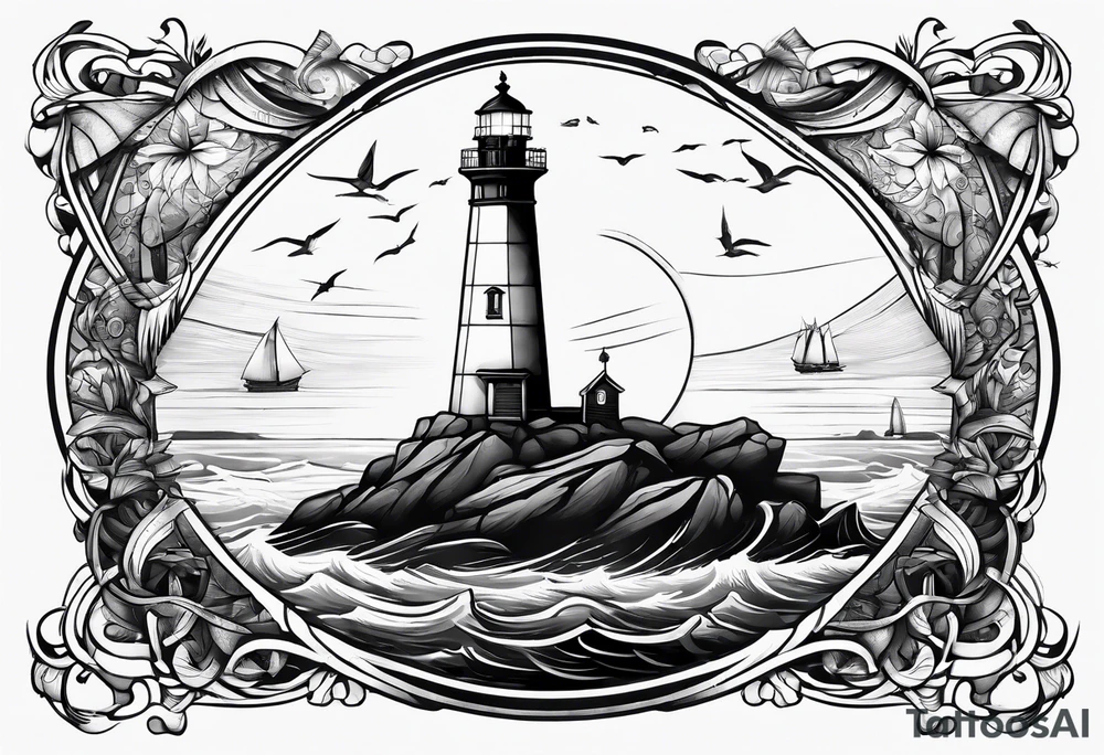 maritime lighthouse partially hidden by its  large fixed sails. tattoo idea