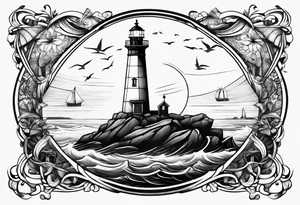 maritime lighthouse partially hidden by its  large fixed sails. tattoo idea