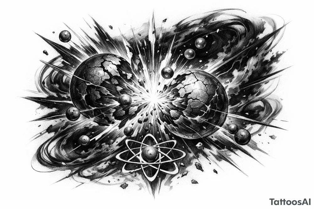 Abstract representation of nuclear fission with glowing particles and dark energy. tattoo idea