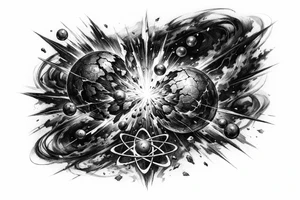 Abstract representation of nuclear fission with glowing particles and dark energy. tattoo idea