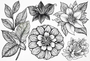 Half-sleeve flowers endemic to the Philippines such as Ylang Ylang, Jade vine, Anahaw leaf, do not use Sampaguita. Crawling like wildflowers on arms. Include batik texture and peranakan tile tattoo idea